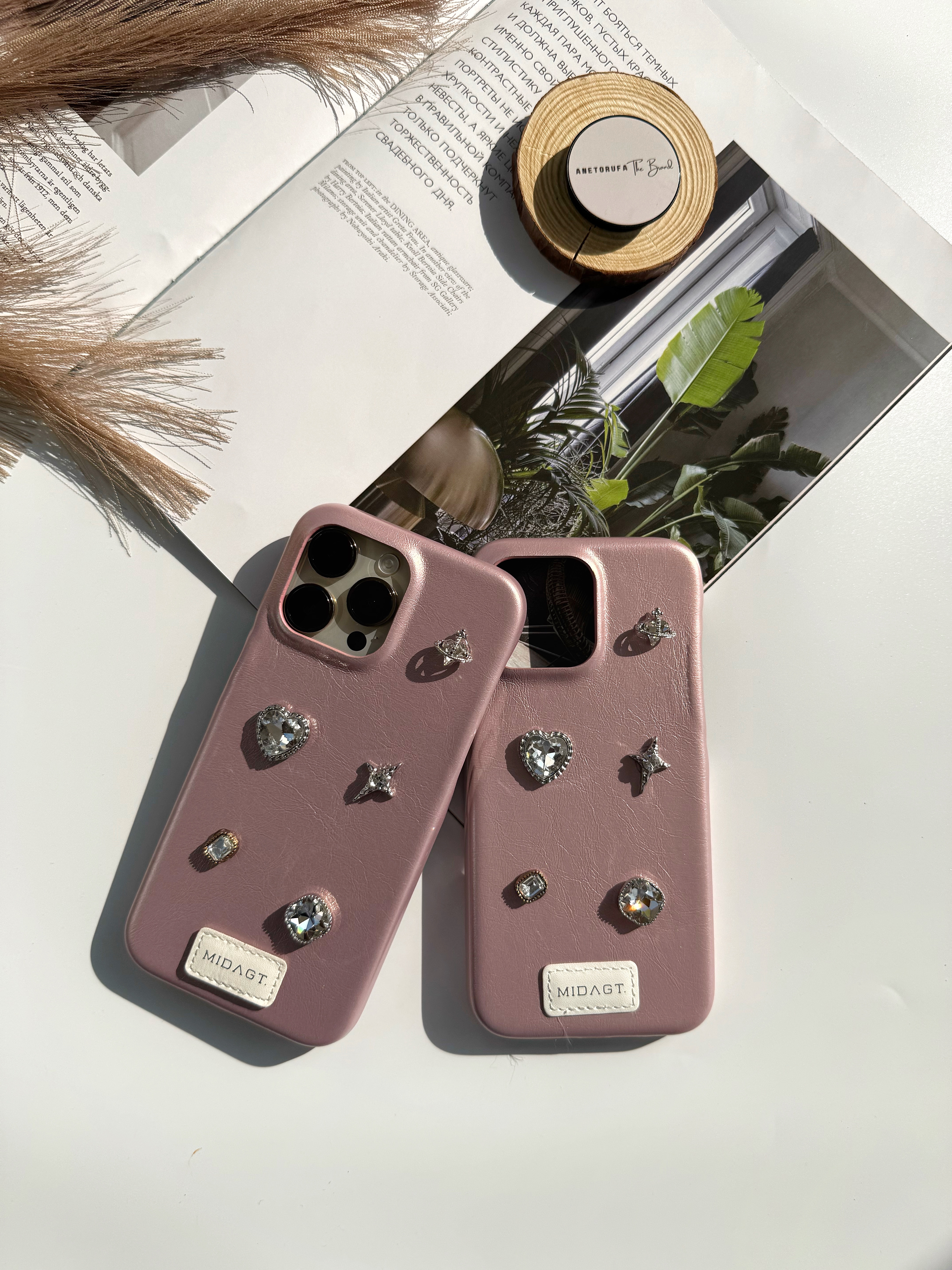 PINK METALLIC LEATHER PHONE CASE WITH GEMS image