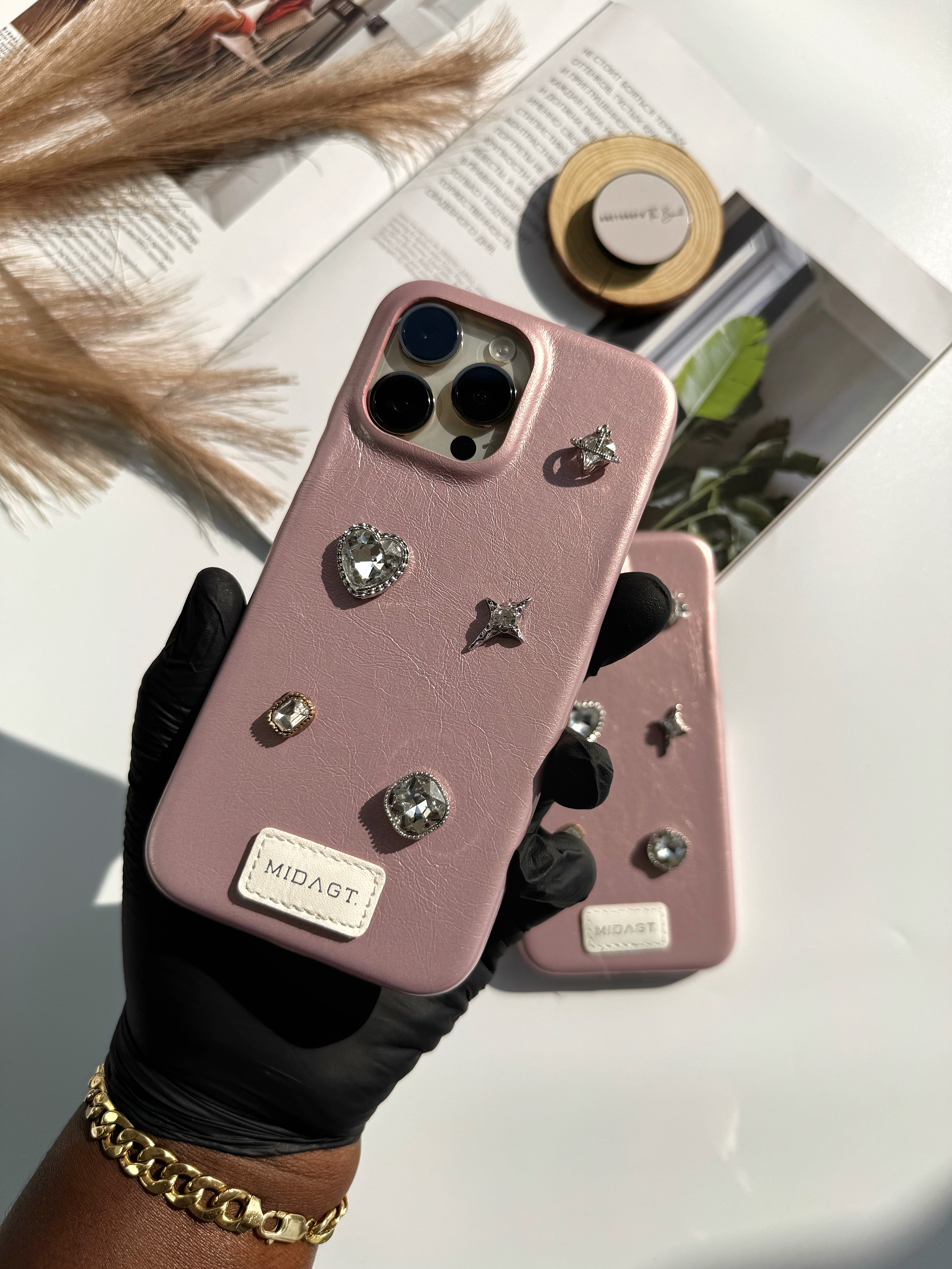 PINK METALLIC LEATHER PHONE CASE WITH GEMS