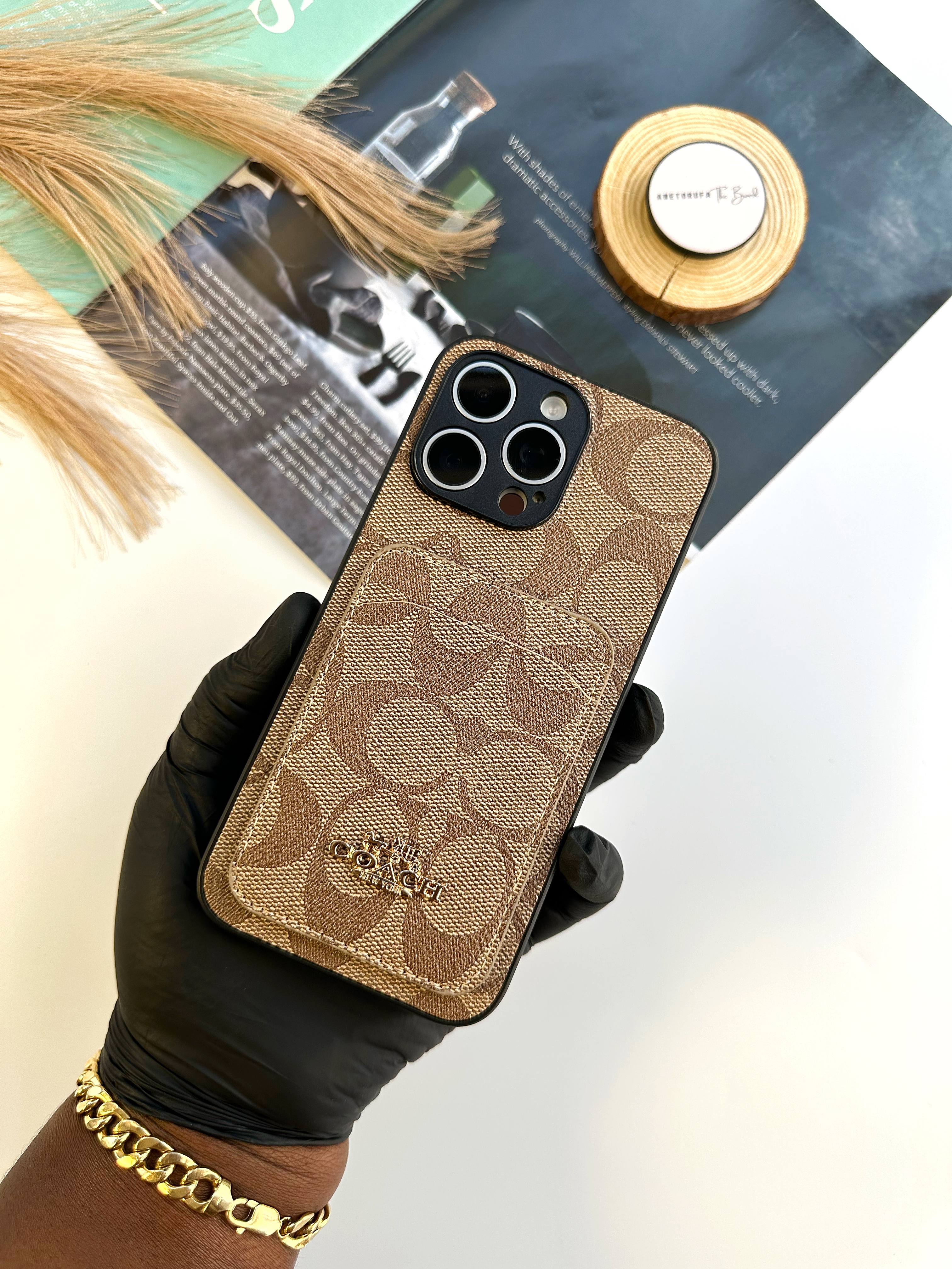 LIGHT BROWN COACH PHONE CASE WITH CARD HOLDER