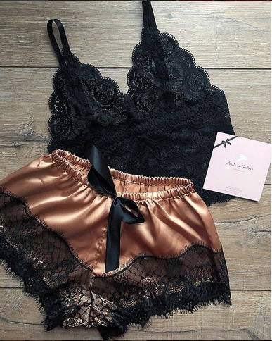 Two piece Bra Tops Shorts Sexy Satin Lace Sleepwear image
