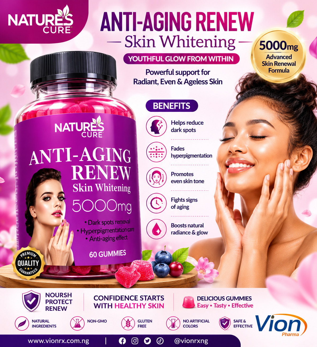 Nature's Cure Anti-Aging Renew Skin Whitening 5000mg Gummies image