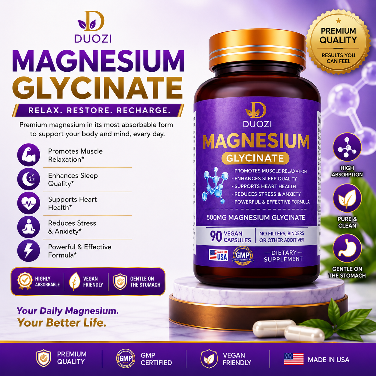 Duozi Magnesium Glycinate 500mg –Supplement 90 Capsules image