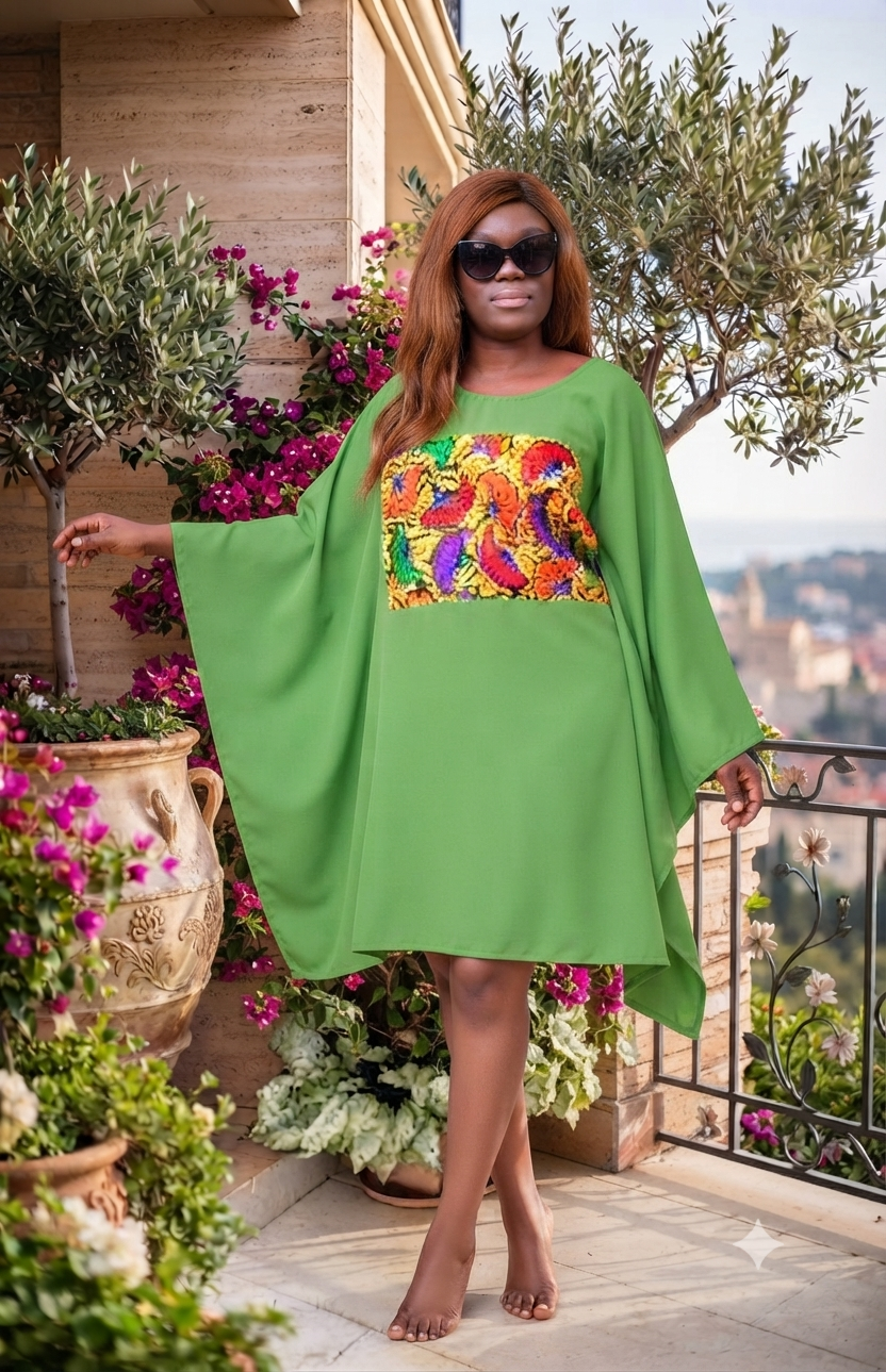 Vibrant African Print Accent Green Kaftan Dress Image