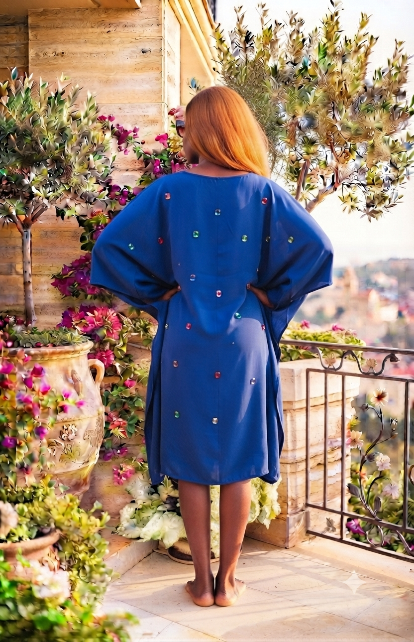 Royal Blue Embellished Kaftan Dress with Red Piping second image