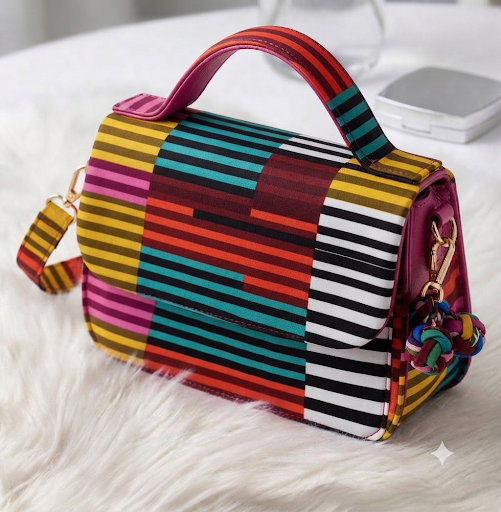 Lazuda Afrique Geometric Ankara Print Structured Handbag with Top Handle & Charm