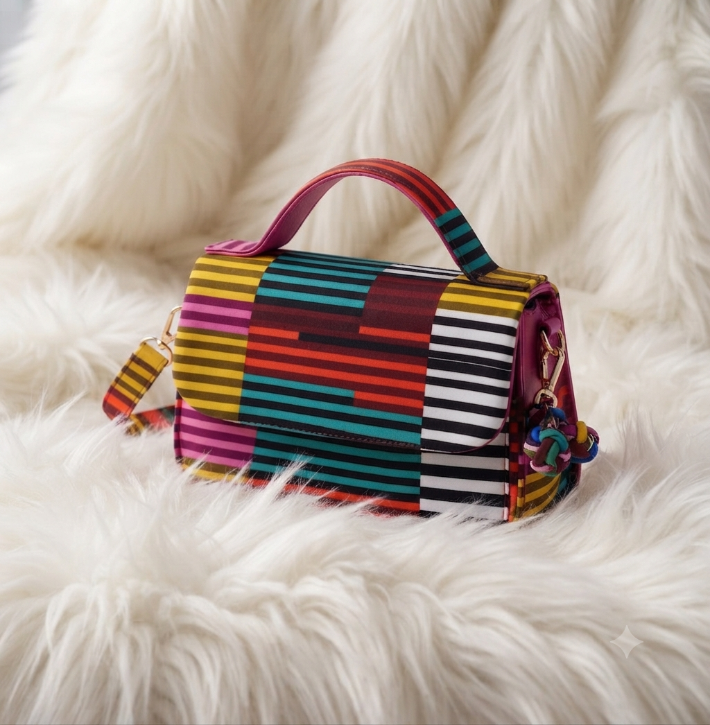 Lazuda Afrique Geometric Ankara Print Structured Handbag with Top Handle & Charm
