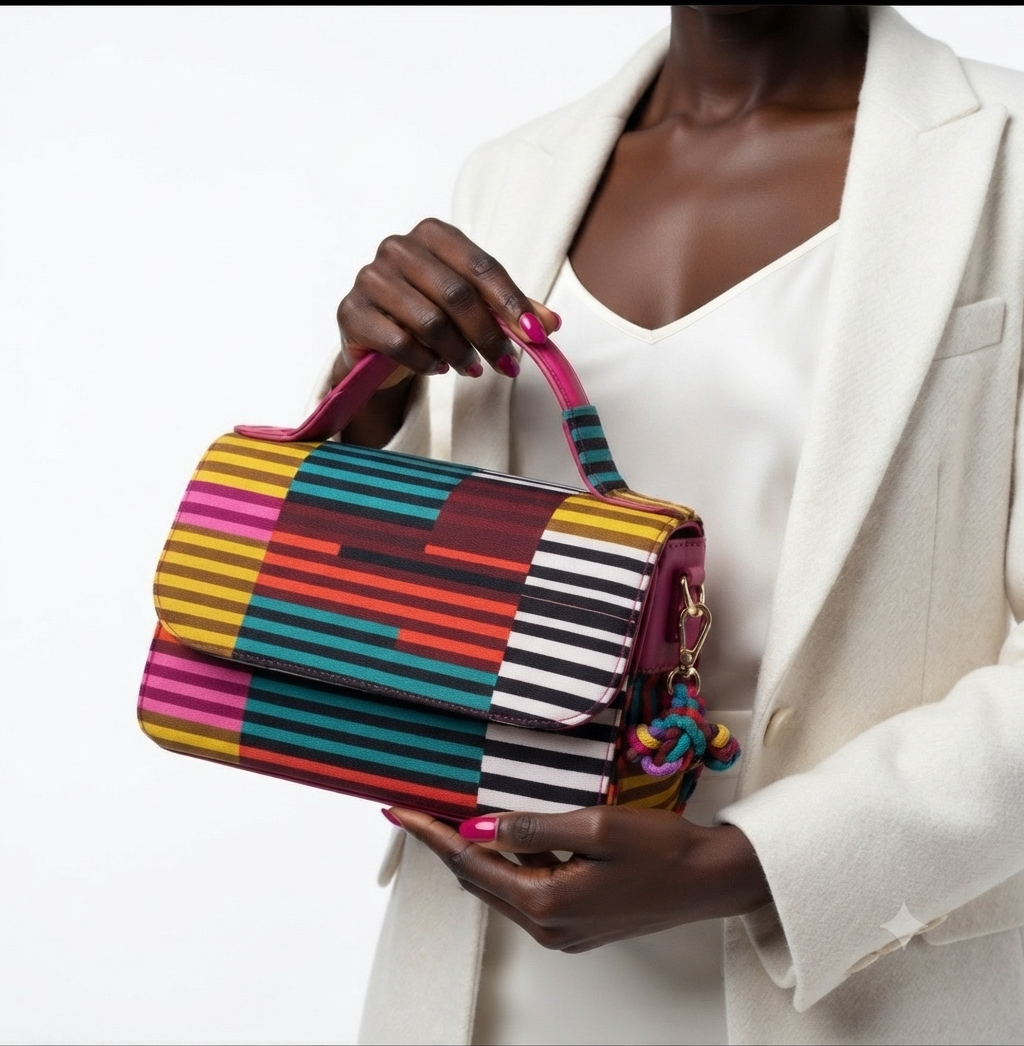 Lazuda Afrique Geometric Ankara Print Structured Handbag with Top Handle & Charm