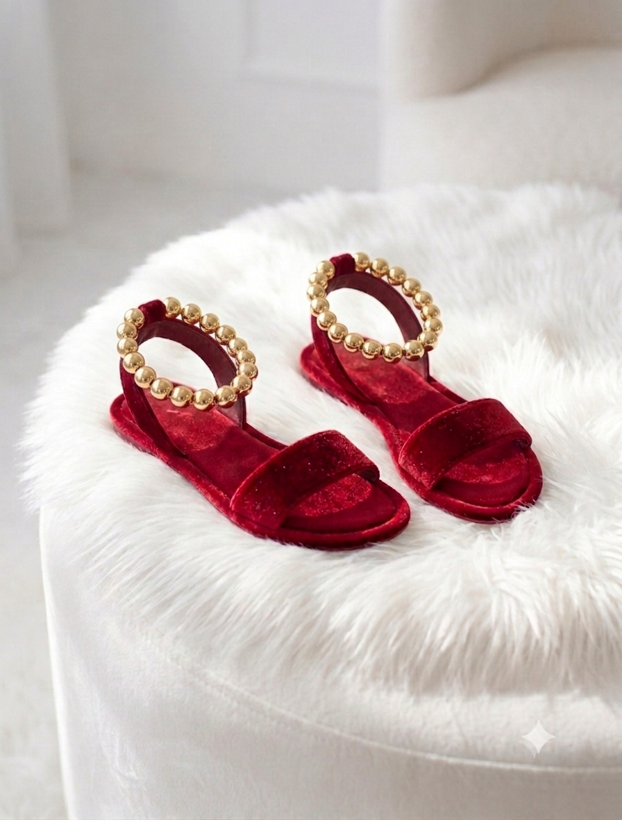 Royal Crimson Velvet Gold-Beaded Sandals