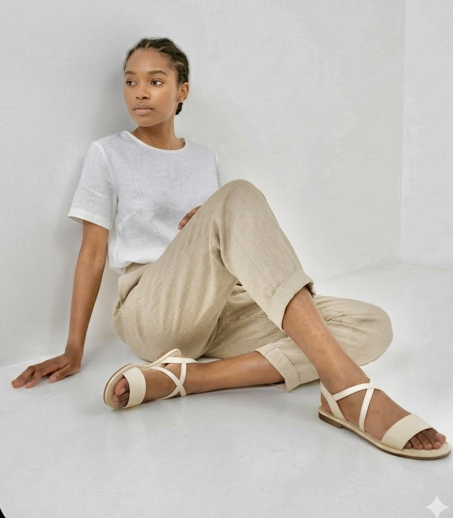 Minimalist Cream Strappy Flat Sandals with Stitching Detail second image