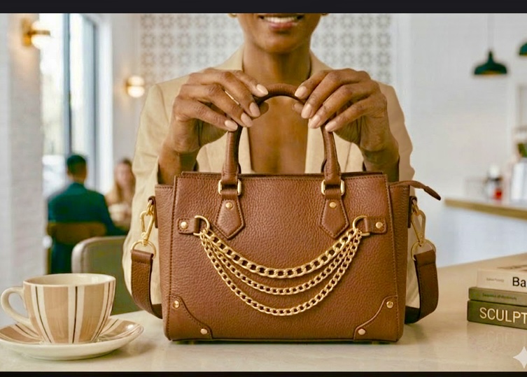 Structured Tan Leather Satchel with Draped Gold Chains image