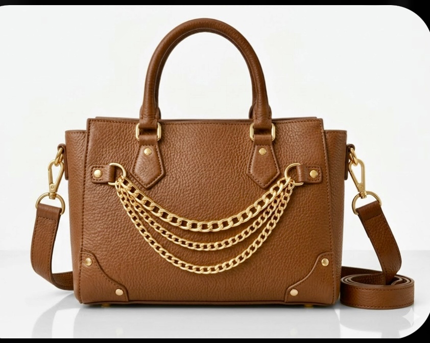 Structured Tan Leather Satchel with Draped Gold Chains