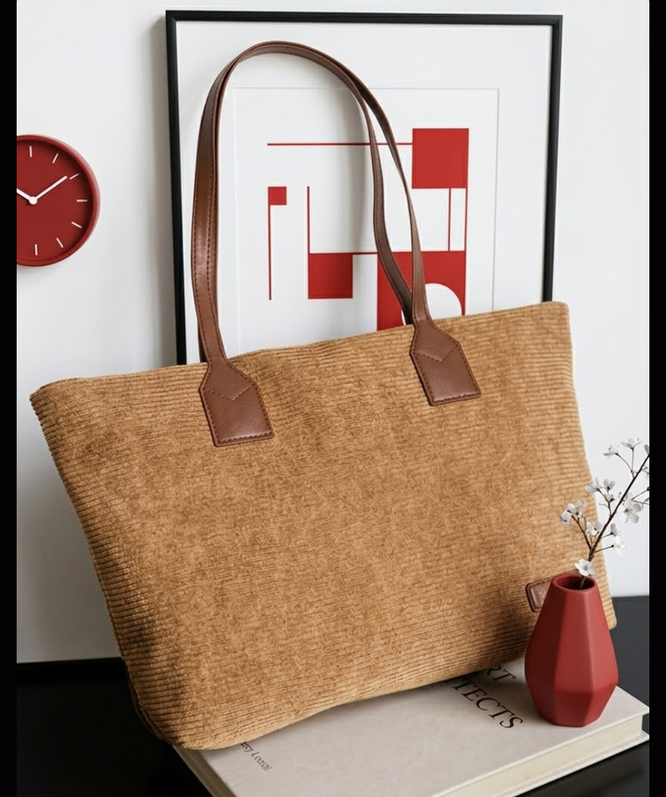 Urban Architect: Tan Corduroy Tote and Red Accents second image