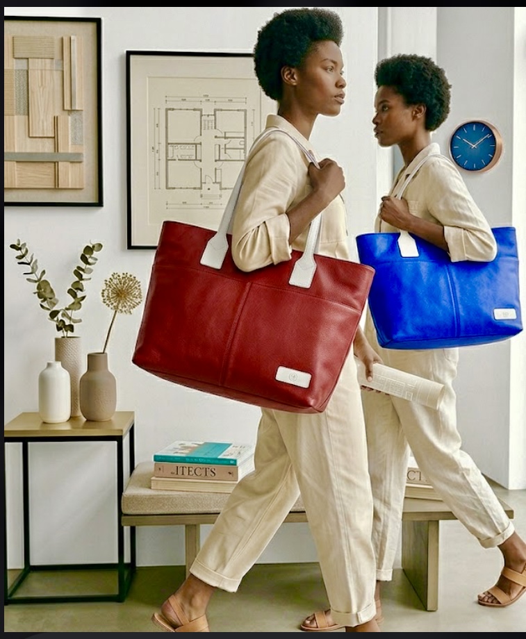 Architectural Style: Modern Black Leather Tote with White Straps