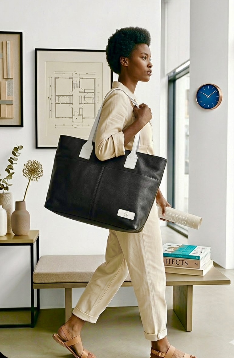 Architectural Style: Modern Black Leather Tote with White Straps