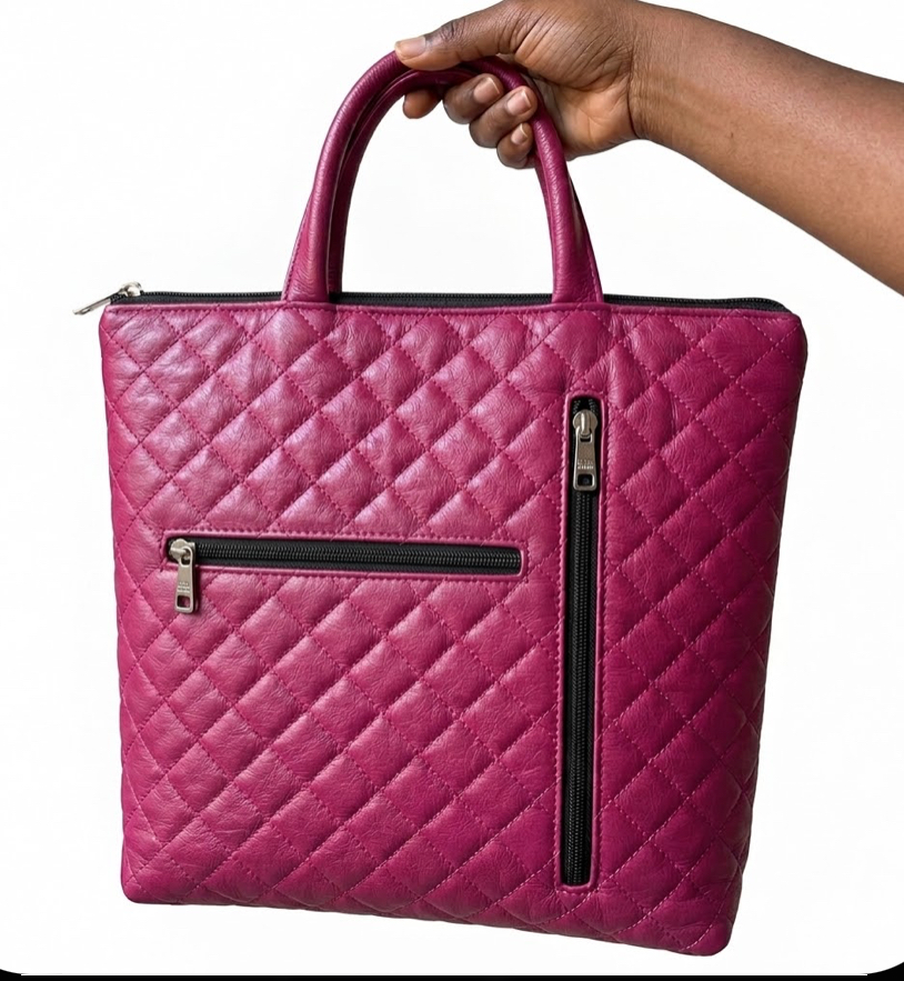 Quilted Fuchsia Leather Tote with Zipper Detail