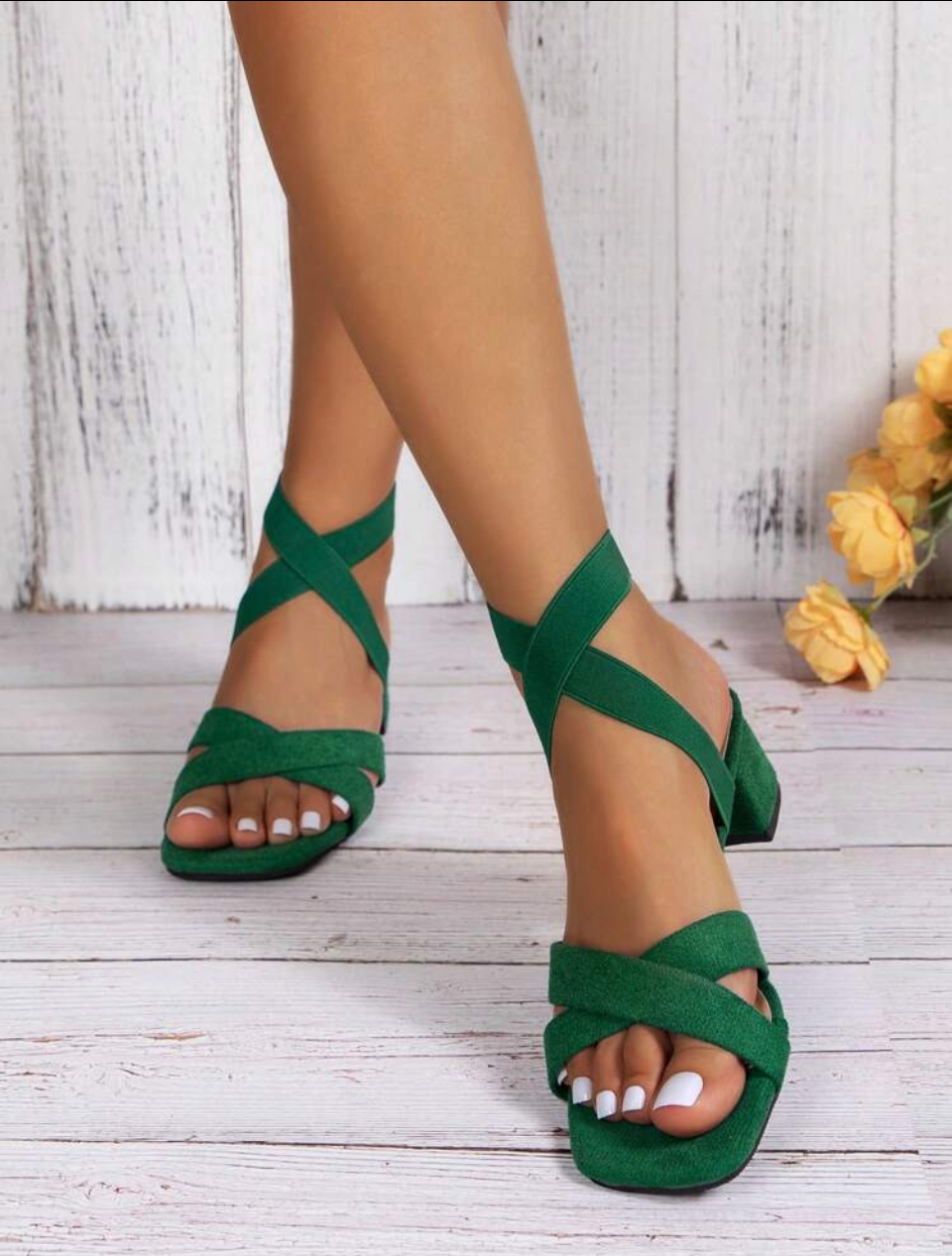 Lazudaafrique Elegant Black Sandals For Women, Criss Cross Faux Suede Chunky Heeled Ankle Strap Sandals