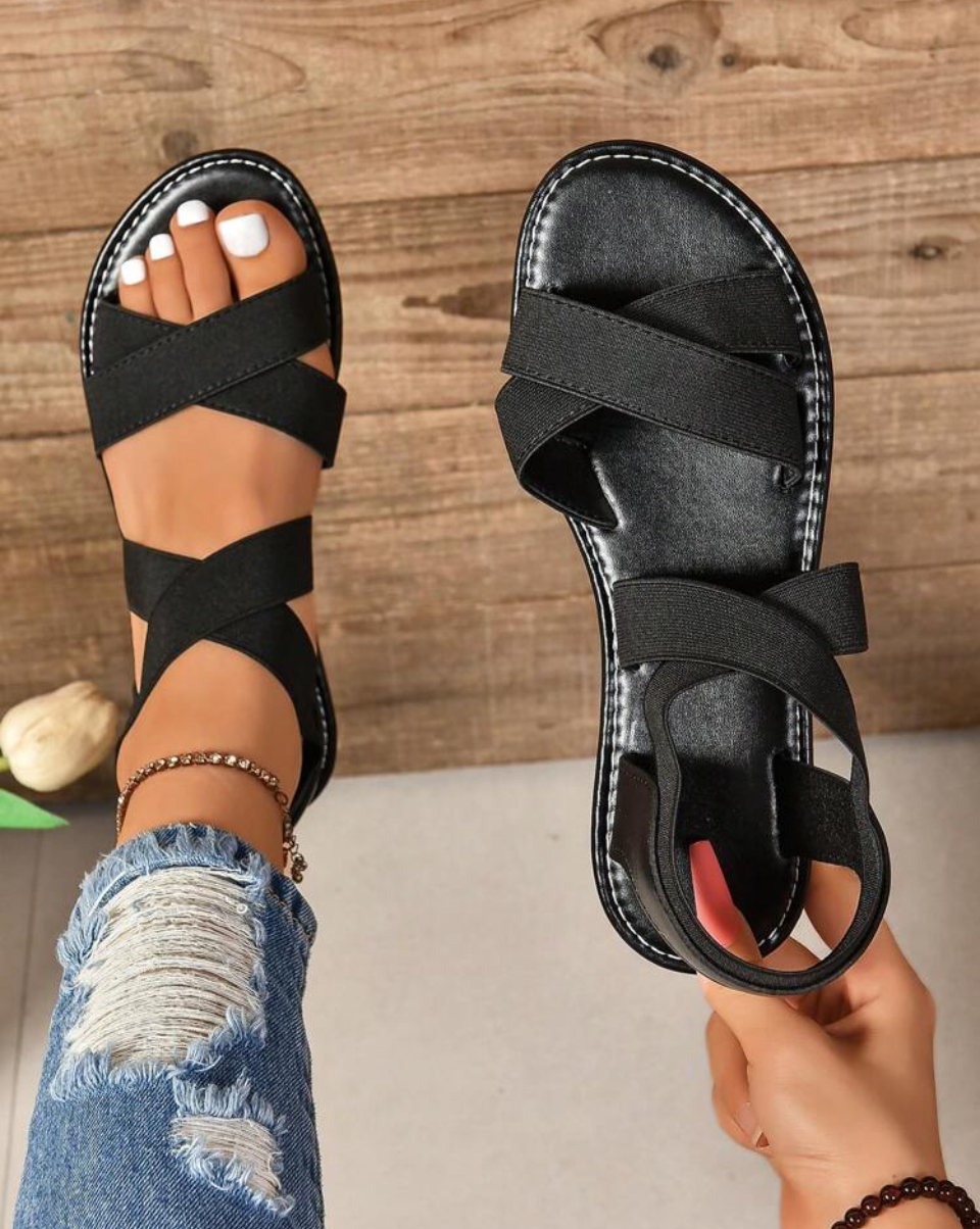 Women's Flat Sandals Cross Elastic Band Loose And Comfortable Beach Shoes Outdoor Fashionable Minimalist New Solid Color Casual Shoes
