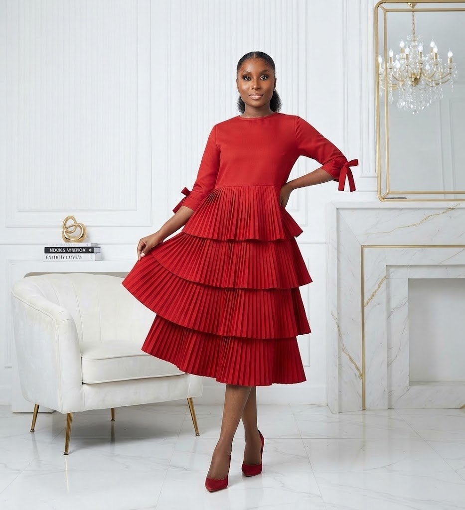 The Crimson Tiered Pleated Dress | Lazuda Afrique