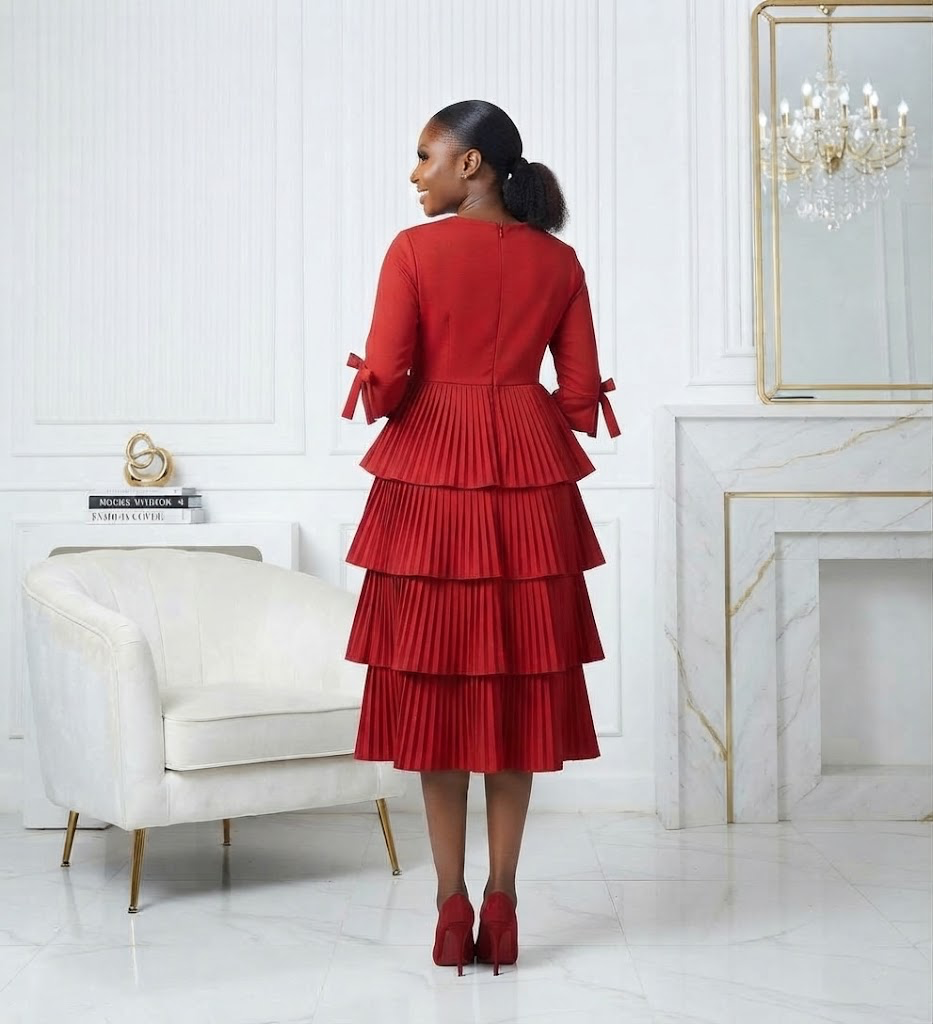 The Crimson Tiered Pleated Dress | Lazuda Afrique