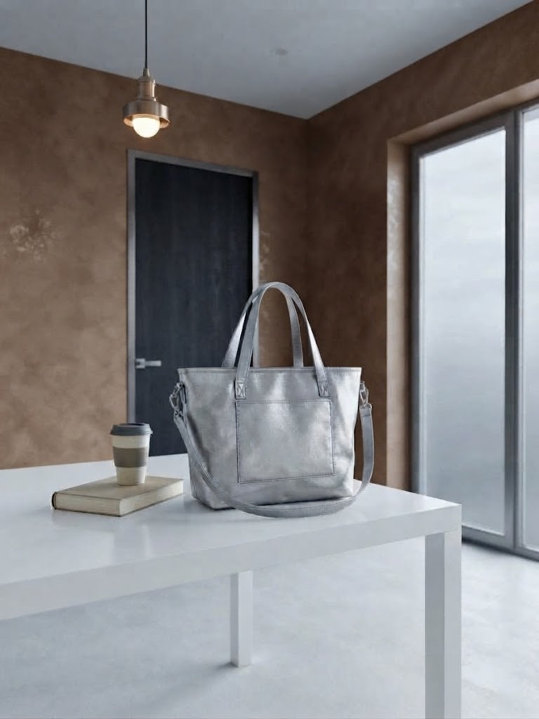Silver Structured Tote Bag with Crossbody Strap