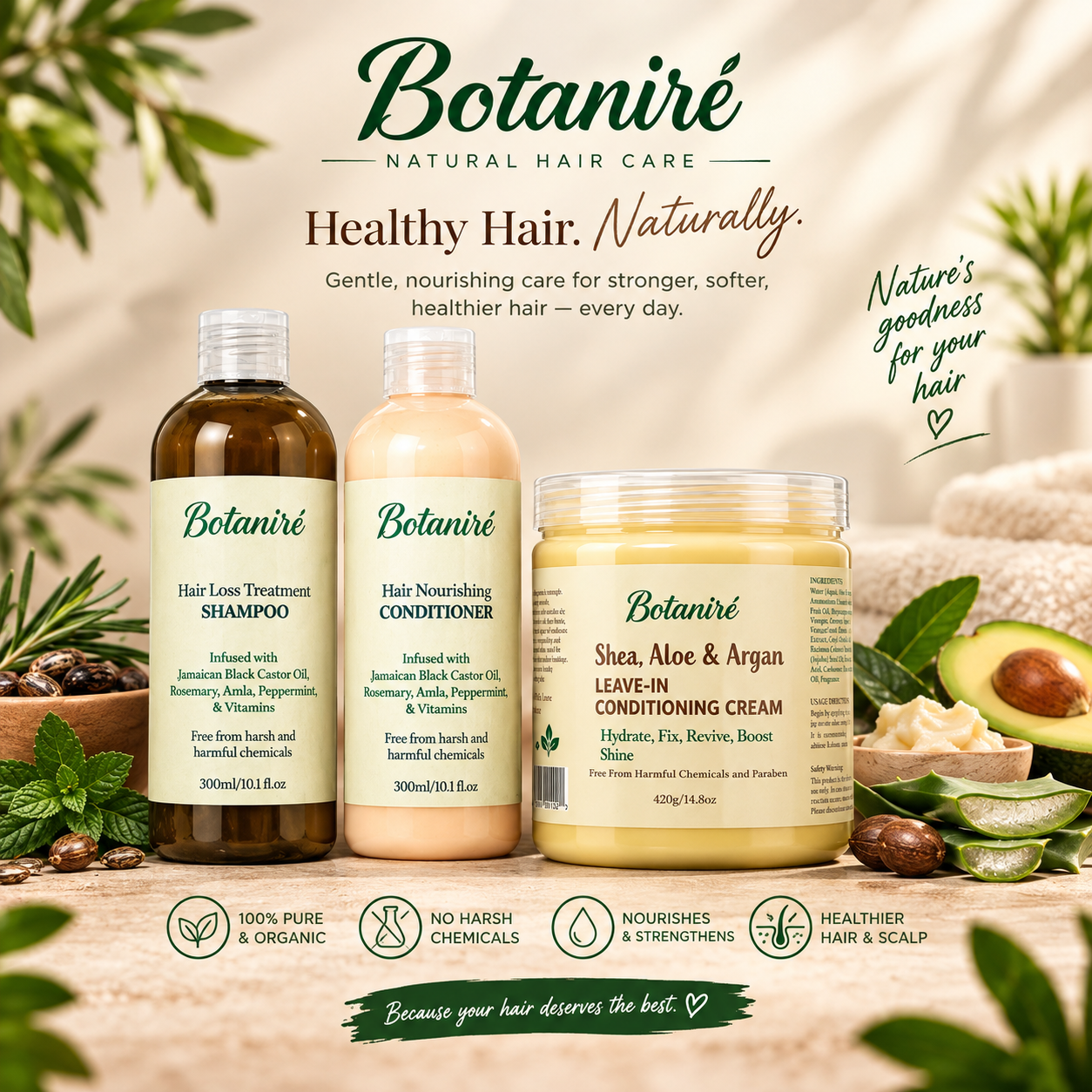 Botaniré Wash Day & Moisture Bundle: Shampoo, Rinse-Out Conditioner & Shea Leave-In Cream image