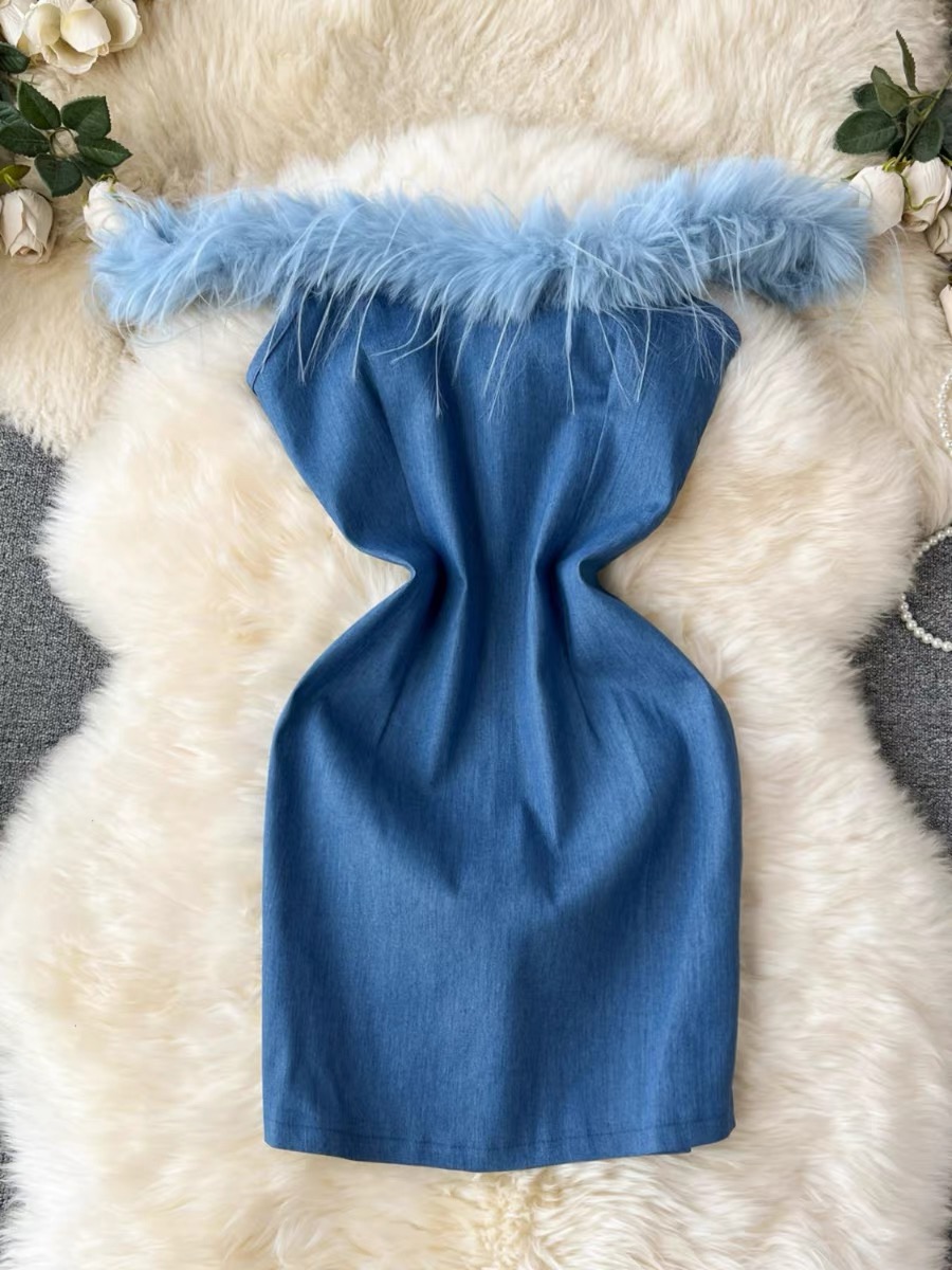 Over you denim fur gown DBC5