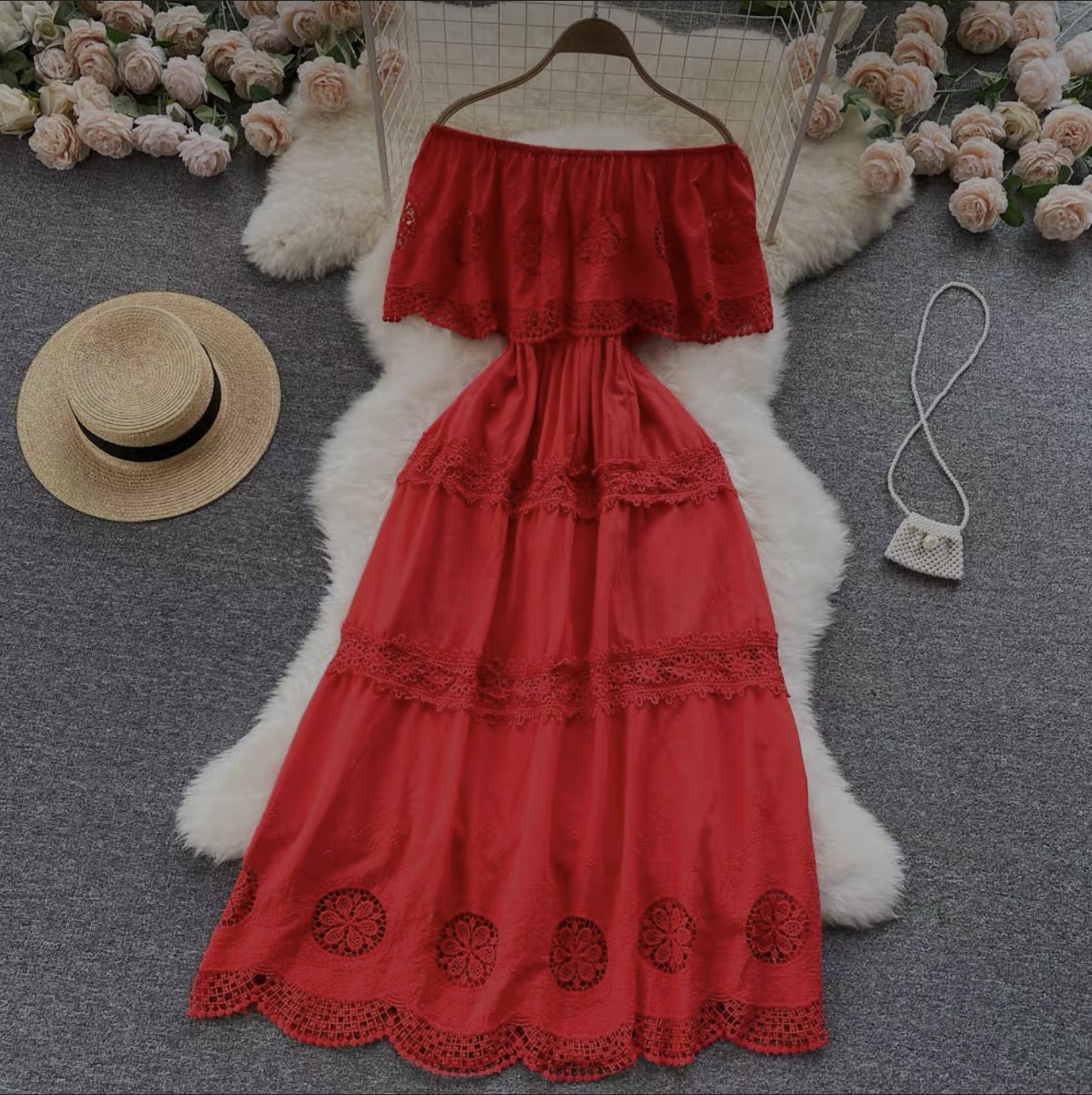 Lace droplets off shoulder dress CD117 image