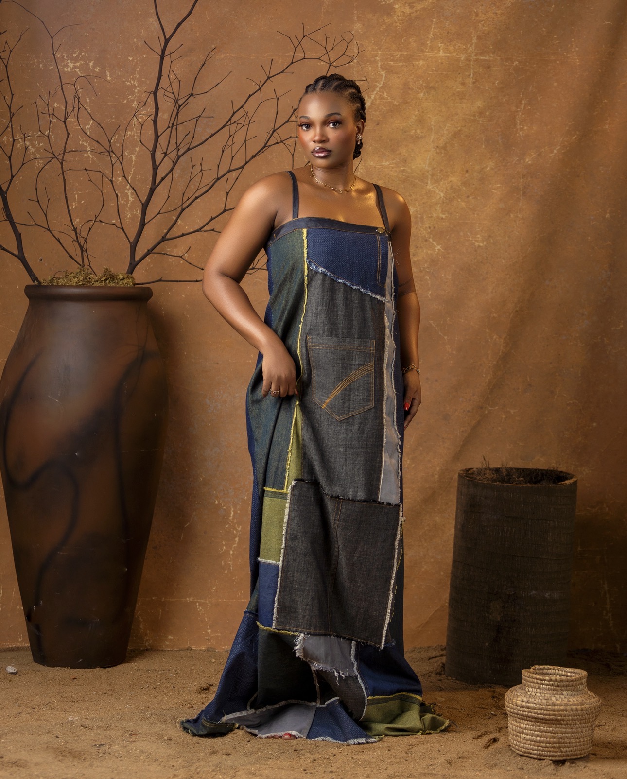DENIM PATCH STRAPLESS A LINE DRESS