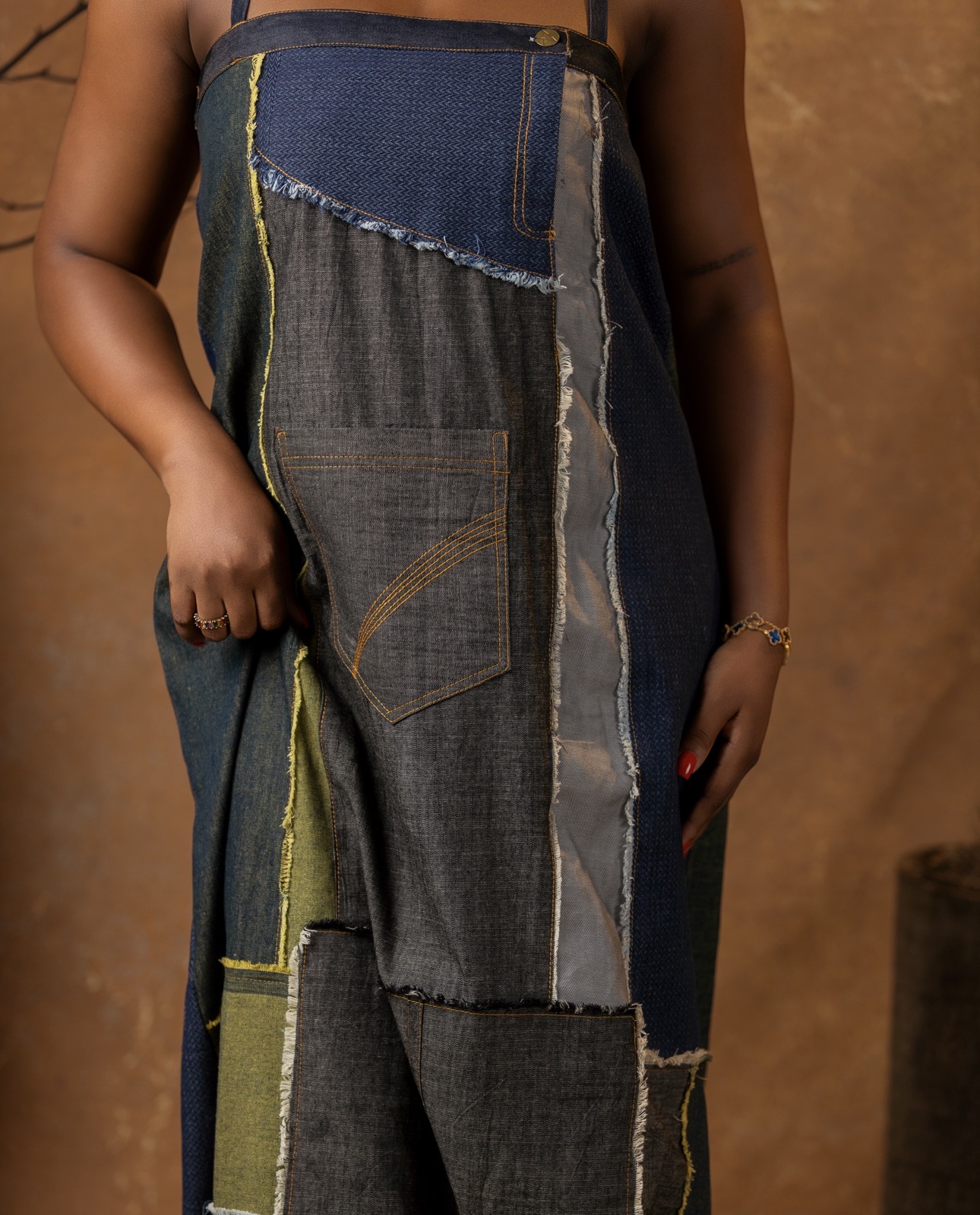 DENIM PATCH STRAPLESS A LINE DRESS