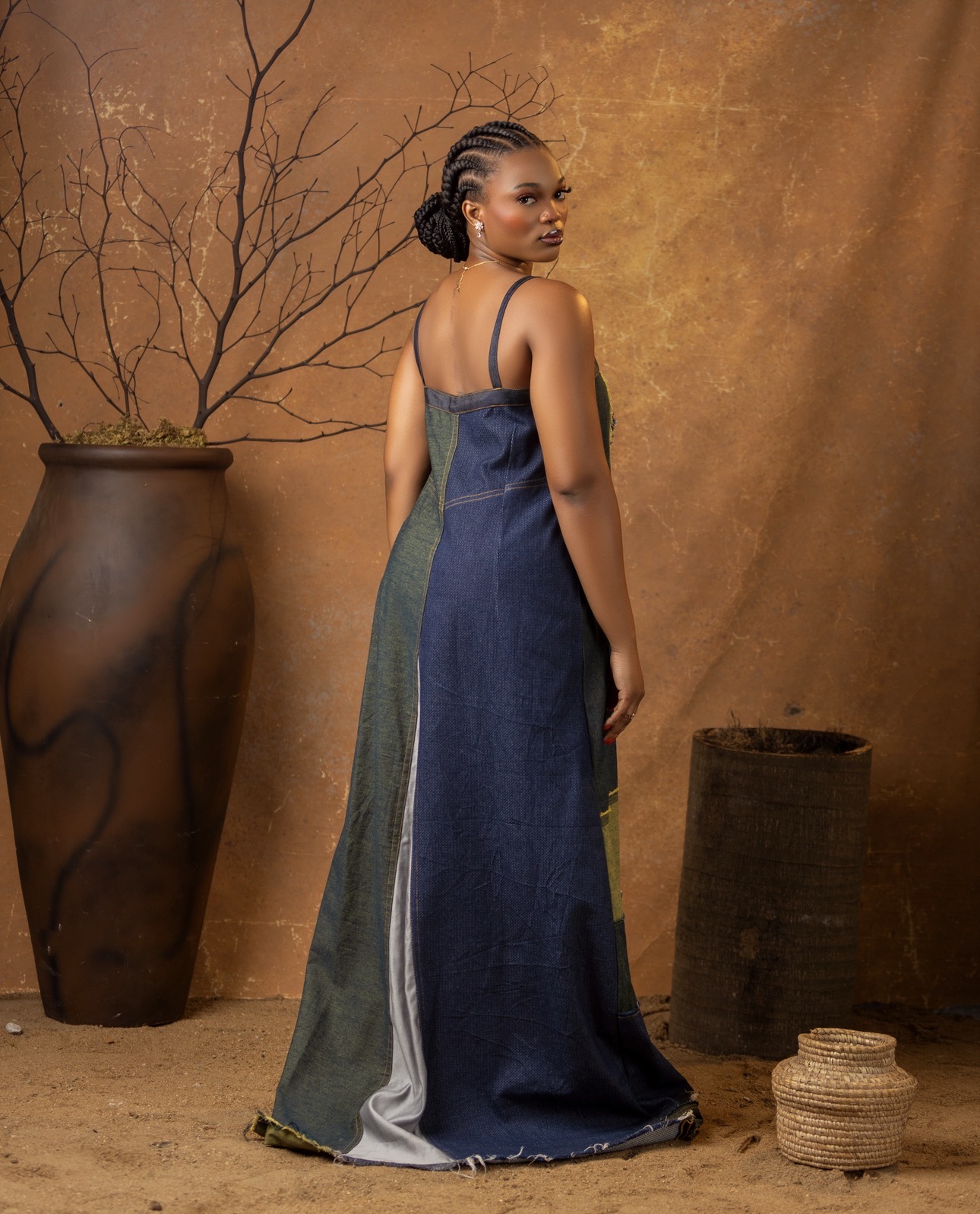 DENIM PATCH STRAPLESS A LINE DRESS