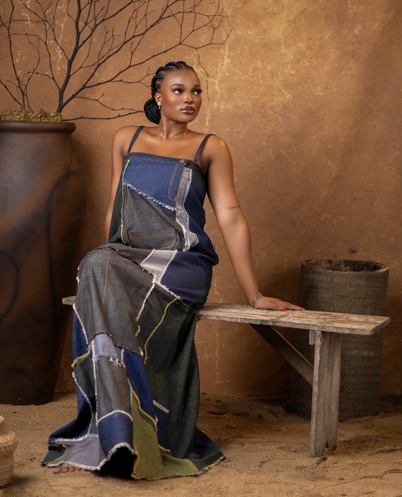 DENIM PATCH STRAPLESS A LINE DRESS